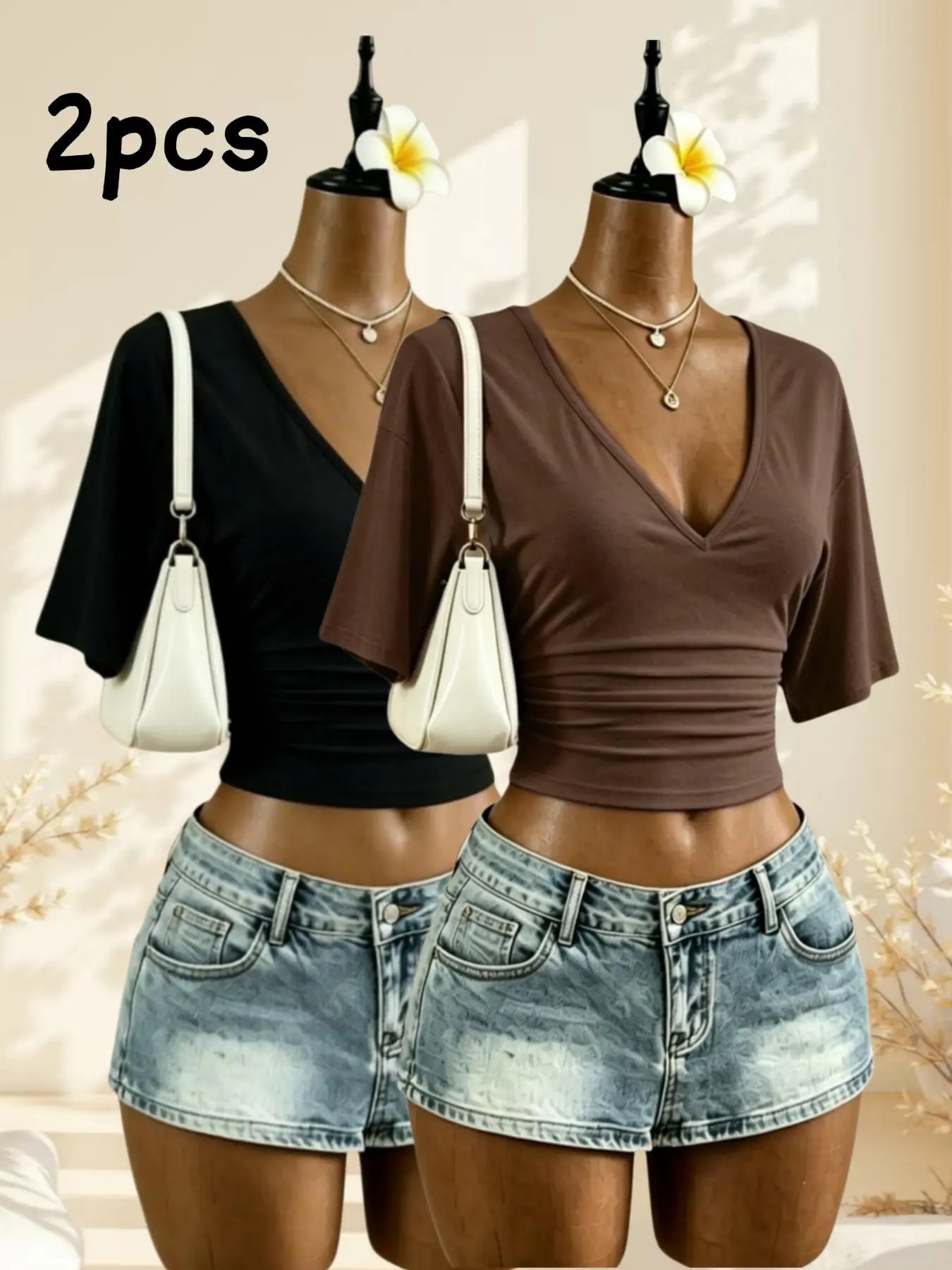 American Pure Desire Style Short Sleeve T-Shirt, Side Ruched Shaping Waist, Simple Multi-Color Versatile Hot Girl Outerwear Set of Two Tops