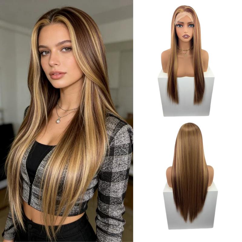Front lace wig for women, long straight hair, no bangs, available in multiple colors, high-end and realistic