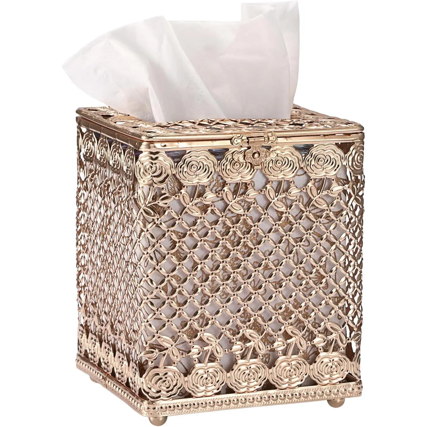 Sumnacon Tissue Box Cover Square, Metal Tissue Holder with Lid, Stylish Cube Tissue Covers, Decorative Rose Tissue Box Organizer for Bathroom Kitchen Table Desk Toilet Home Office, Gold