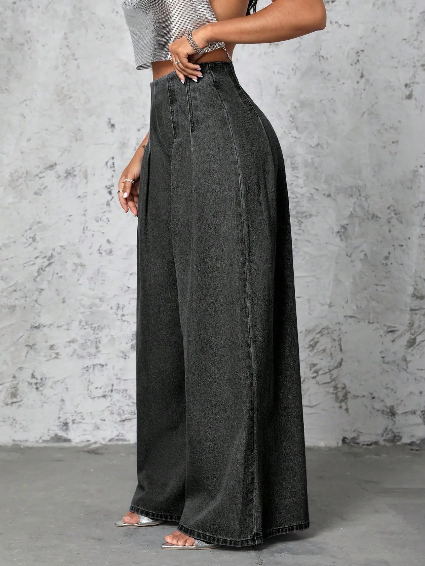 High Street Style Casual Pleated Jeans Wide Leg Pants, Deep Washed Design, Plus Size Conceal Fat Long Pants, Versatile Fashion Bottoms Streetwear