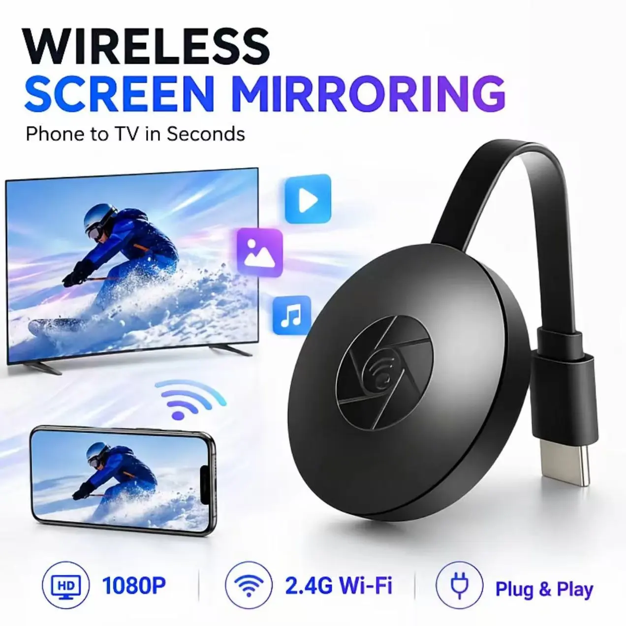 1080P Wireless Screen Mirroring Device, Supports iOS Android Windows MAC, HDMI Converter for TV Projector, Easy Plug-And-Play