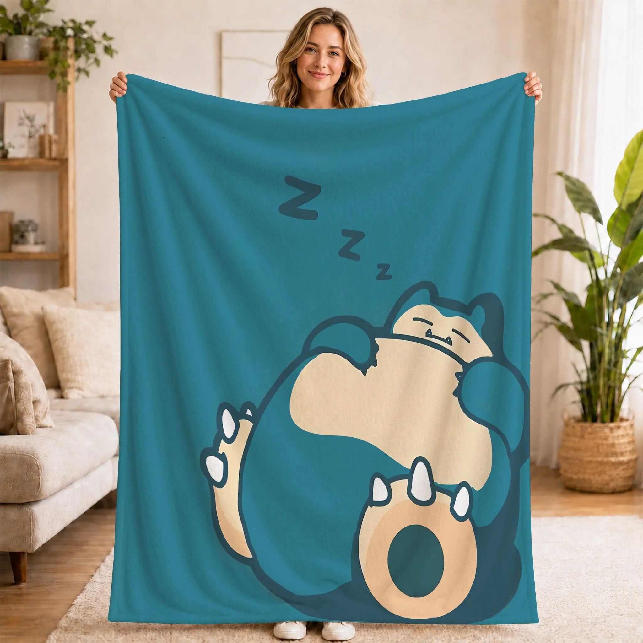 Pokemon Snorlax Theme Flannel Blanket, Lazy Sleeping Zzz Graphic, Cozy Lightweight Fuzzy Throw, Bedroom Couch Office Travel