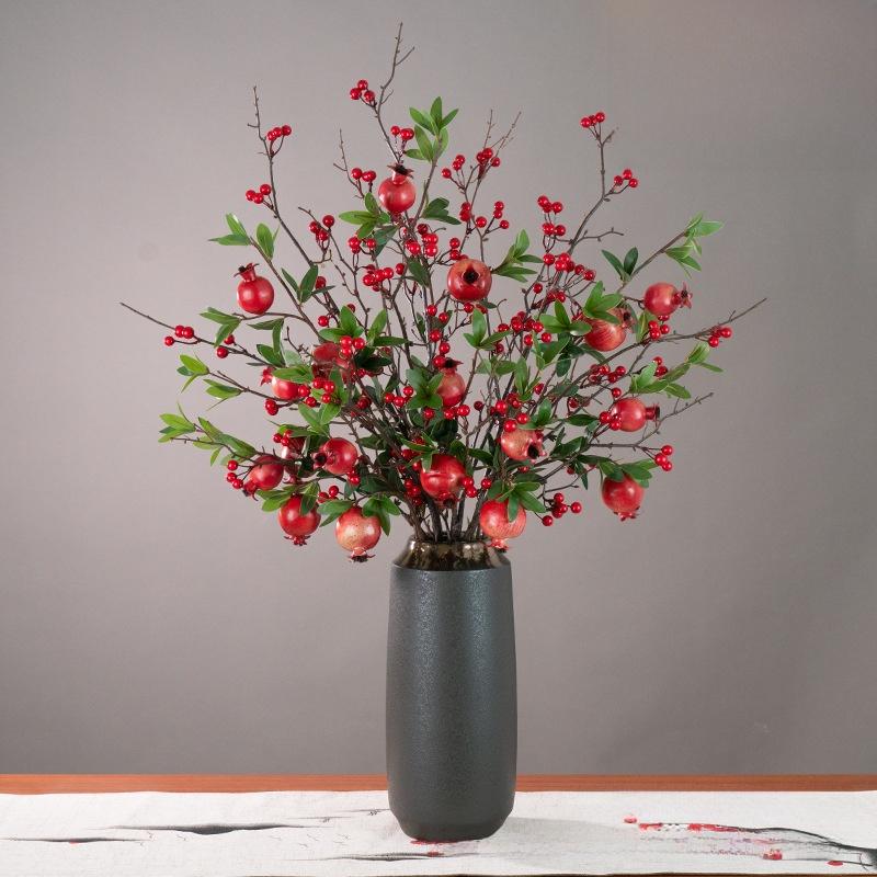 Artificial flower 6-headed pomegranate branch with pomegranate fruit ornament for housewarming, New Year's decoration, home living room floor decoration