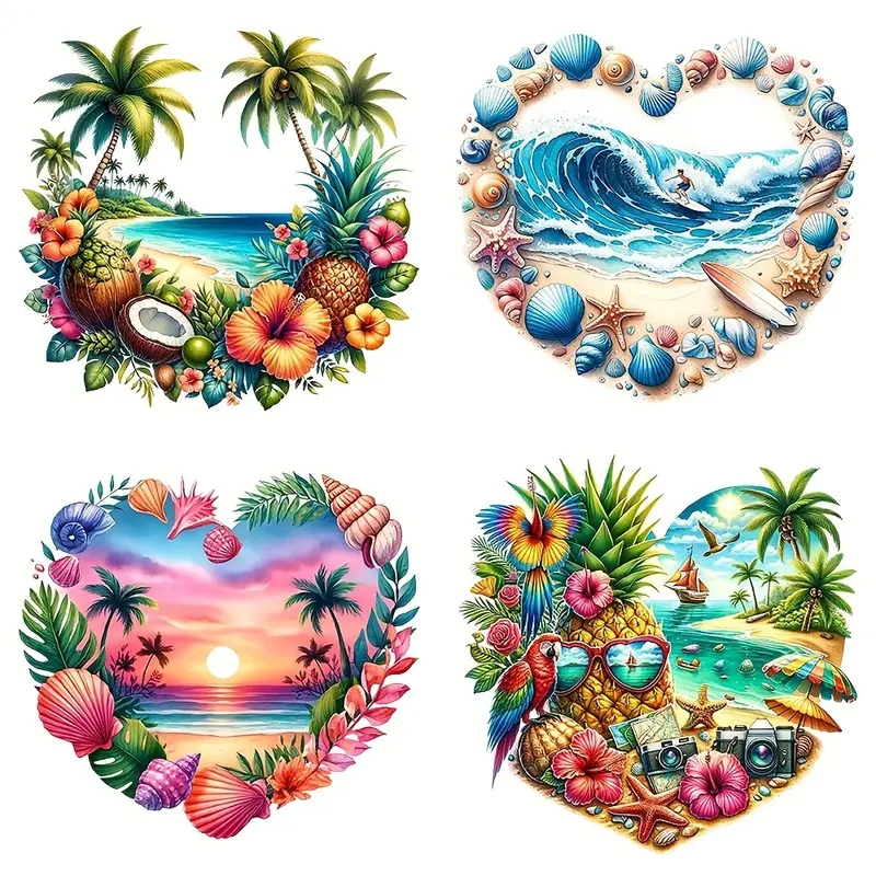 4 Pieces Iron-on Tropical Patches Summer Beach Palm Tree Wave Fruit Cartoon Printed PVC Patches for DIY Clothing T Shirt Backpack Anime Style Beach Accessories