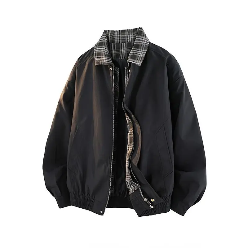 Men's Vintage Plaid Fake Two Piece Lapel Jacket, Brown Workwear Flannel Collar Zip Up Coat, Lightweight Four Season Outerwear for Daily Street Outdoor Casual Outfits, Ideal Gift for Boyfriend and Father Baseball Classic