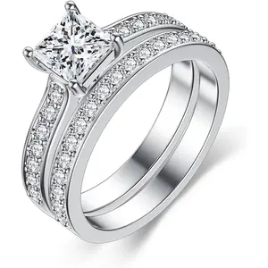 Moissanite Ring Bridal Sets for Women Engagement Ring Wedding Band 2cttw D Color VVS1 Princess Cut 925 Sterling Silver Bridal Sets