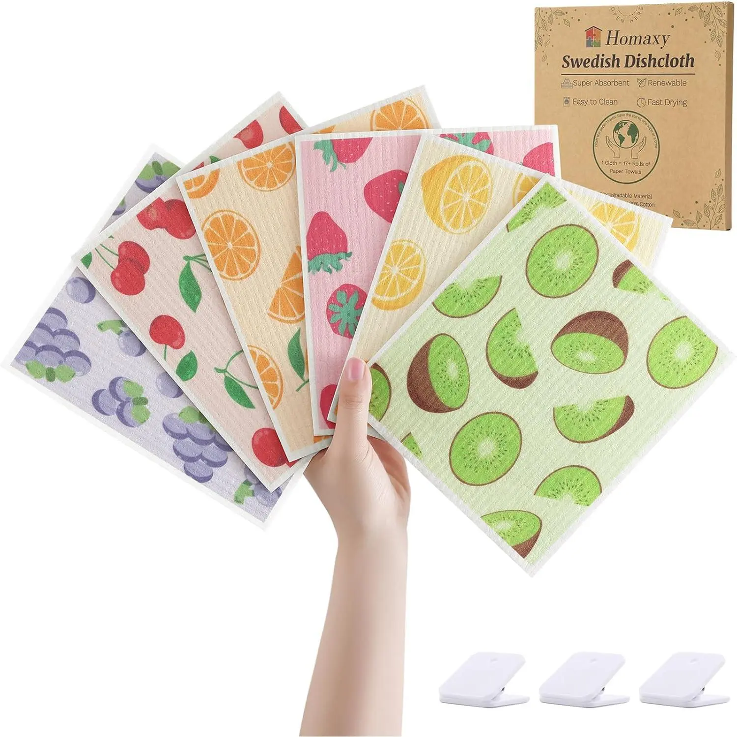 Dishcloths for Kitchen, 6 Pack Fruit Reusable Paper Towels with Clips, Absorbent Cellulose Sponge Dish Cloths for Washing Dishes, Non-Scratch & Odor-Free Dish Rags