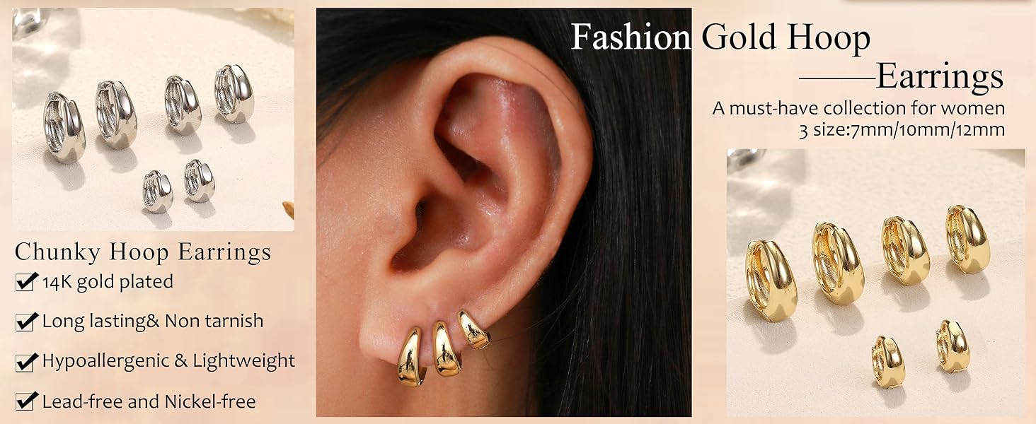 Trendy  3Pairs Gold Hoop Earrings Set for Women Chunky Gold Silver Hoop Earrings 14K Gold Filled Hypoallergenic Small Huggie Hoop Earrings Tiny Gold Trendy Thick Hoop Earrings Stacks for Multiple Piercing