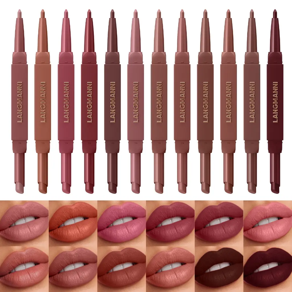 Dual-ended Lip Liner and Lipstick, Matte Velvet Lip Pencil, Easy to Apply, Smudge-proof, European and American Style Nude Color Series, Lining Pencil Lipstick Pen
