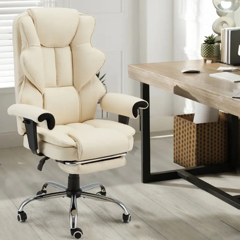 Ergonomic Executive Office Chair with 6-Point Massage and Footrest, Adjustable Reclining Faux Leather Desk Chair with Padded Armrests and Swivel Wheels