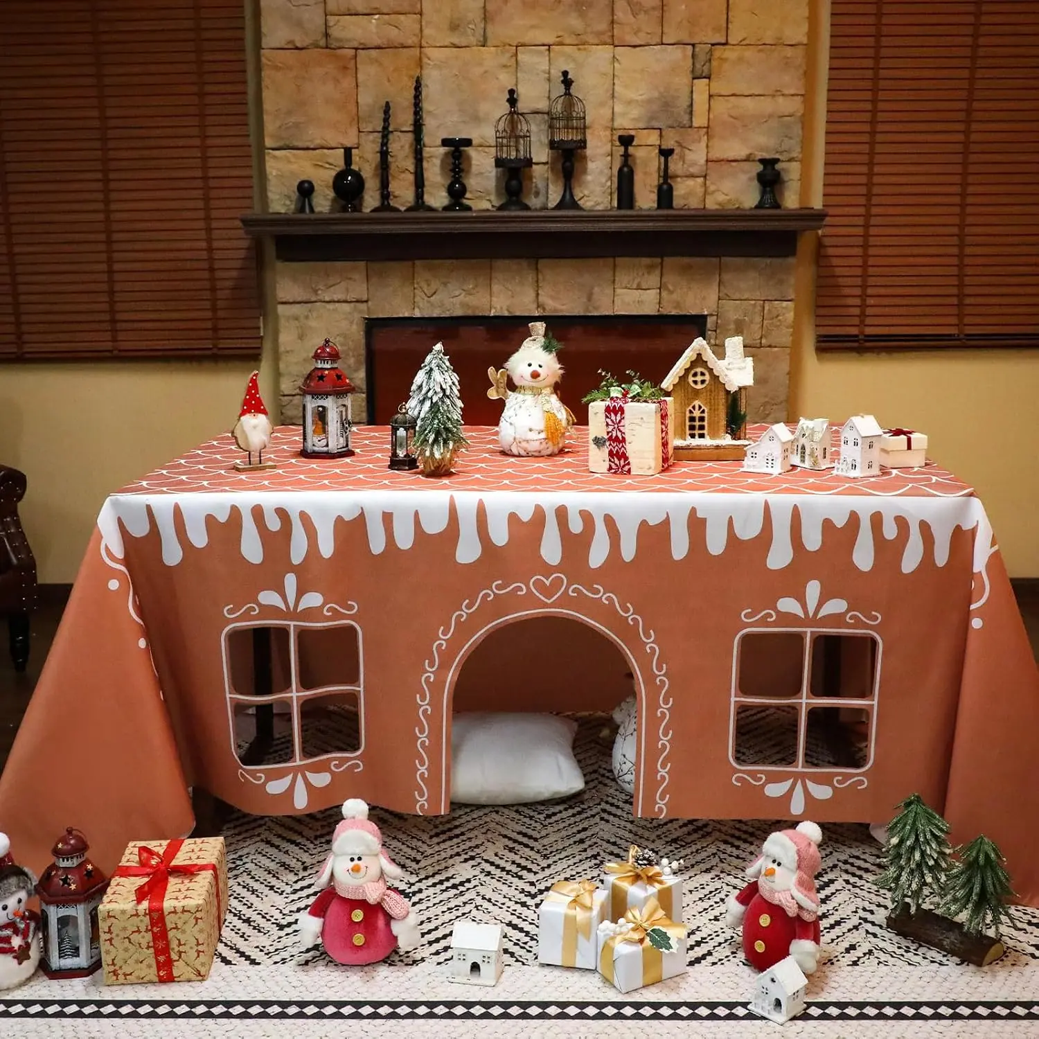 Breling Christmas Gingerbread Playhouse Tablecloth Fort Large 10 x 7.5 ft| Christmas Table Fort Cover Table Cloth Tent, Playhouse for Xmas Winter Family Gathering Party Indoor Outdoor Playground Decor
