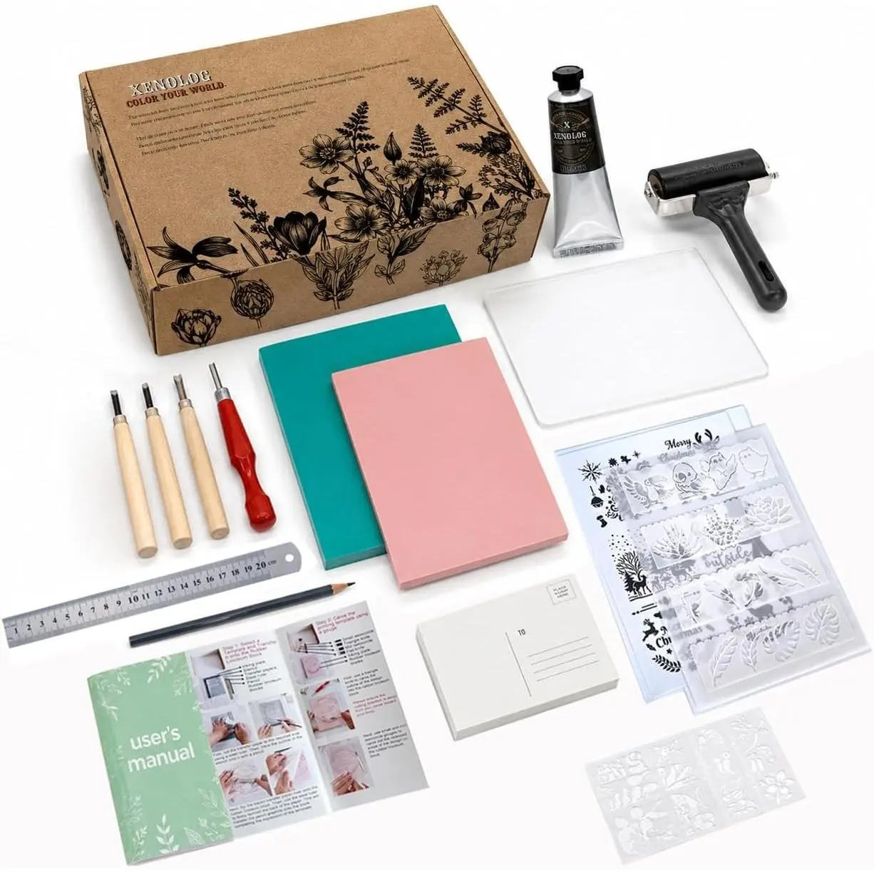 Block Printing Kit - Complete Stamp Making Set with Lino Cutters, Printing Ink, Linoleum Blocks, Brayer, Transfer Paper & Stencils - DIY Printmaking Supplies for Beginners & Adults | Includes Lino Cutter, Printing Ink, Linoleum Blocks, Brayer, Transf