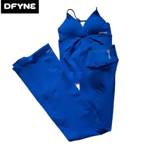 DFYNE Seamless 2-Piece Workout Set for Women V Neck Strappy Sports Bra & High Waisted Flare Pants Yoga Gym Activewear