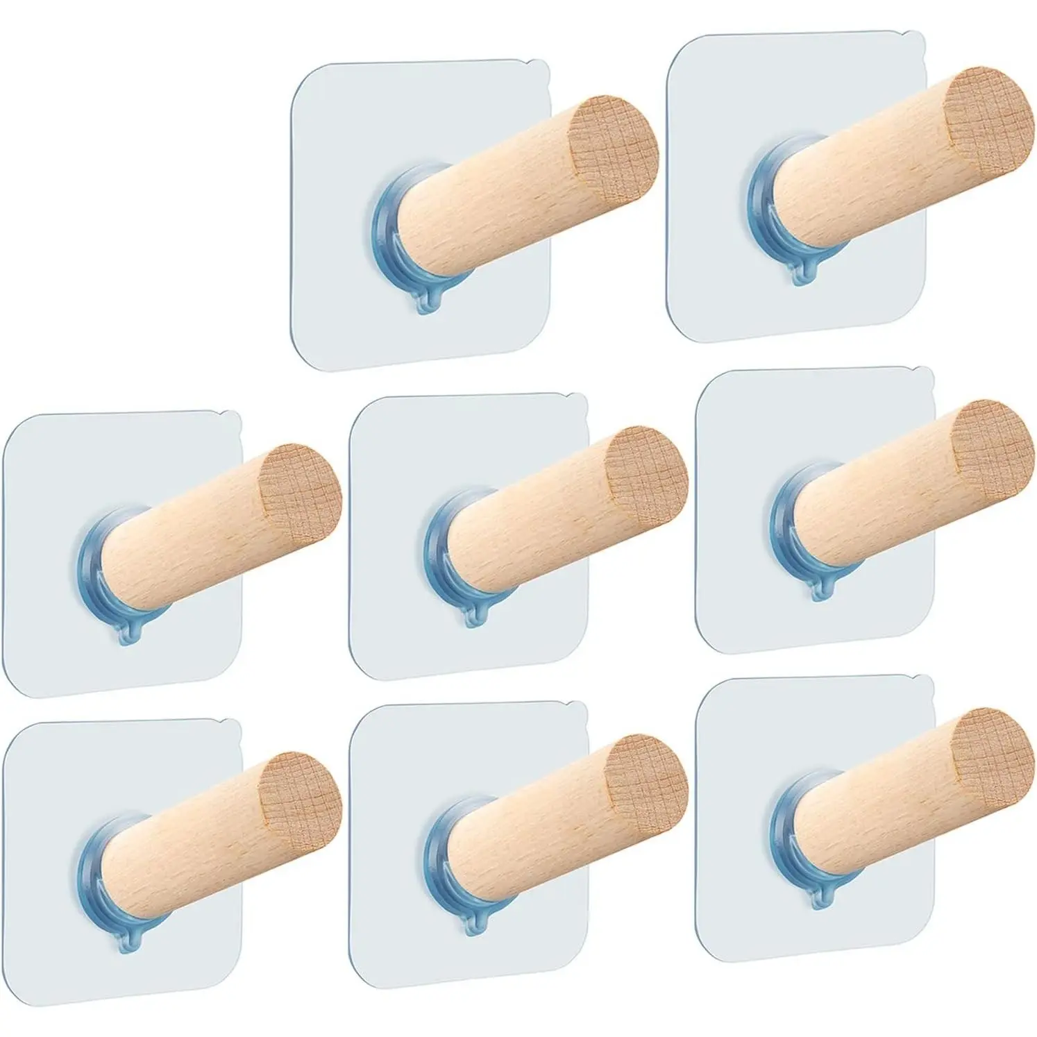 Adhesive Hat Hooks Hat Hangers 10lbs Sticky Wall Rack for Baseball Caps, Bucket Hats, Cowboy Hats, Extended Wooden Pegs Handmade - Bathroom Door Cloest Entryway Wardrobe-8 Pack