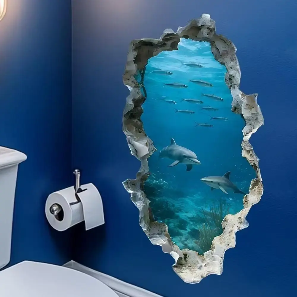 3D Dolphin Shark Ocean Wall Stickers, Wall Murals Peel And Stick, Waterproof Self-Adhesive Bathroom Decals, Realistic Underwater World Wallpaper, Easy to Apply