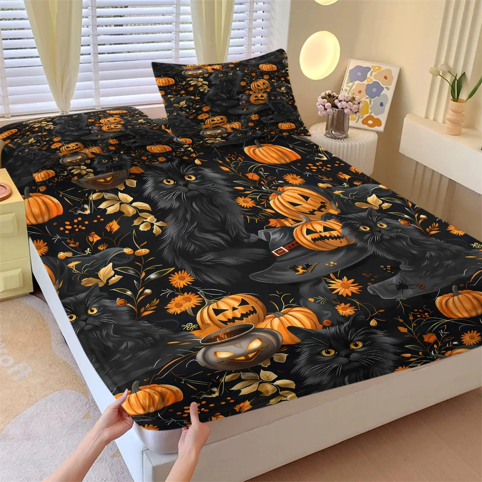 Halloween Black Cat Pumpkin Fitted Sheet Set, 1 Fitted Sheet & 2 Pillowcase No Filling, Deep Pocket Design Bed Sheets Set, Gothic Style Bedding Set for Bedroom Dorm, Ideal Holiday Decor Gift for Teens & Women