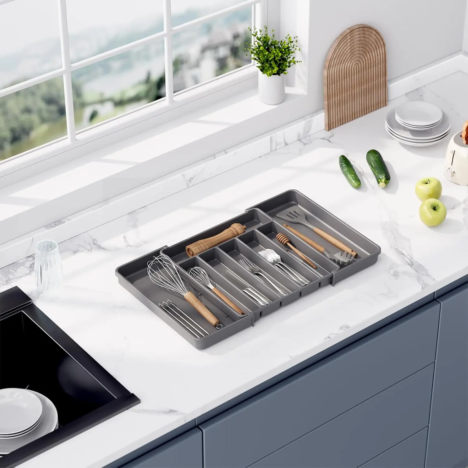 Large Utensil Drawer Organizer for Kitchen, Expandable Silverware Organizer Utensil Holder, Cutlery and Flatware Cooking Tray, Kitchen Drawer Organizers and Storage with Removable Knife Block