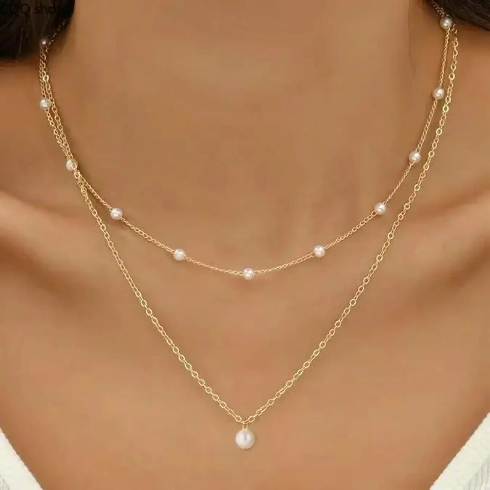 2-Layer 18 Karat Gold-Plated Alloy Pearl Chain Necklace, Dainty Elegant Faux Pearl Jewelry, Sports & Outdoor Accessories Complement for French Style & Daily Wear summervibes