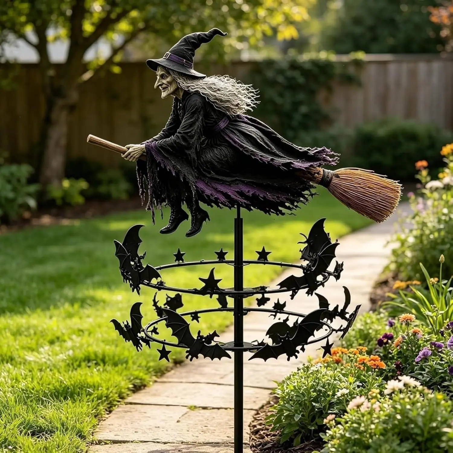 Halloween Witch Wind Spinner Garden Stake, Flying Witch on Broom Metal Yard Decor, Wind Powered Rotating Bat Star Windmill for Outdoor Lawn, Pathway, Porch Halloween Decoratio  home decor party supply halloween decor 2026