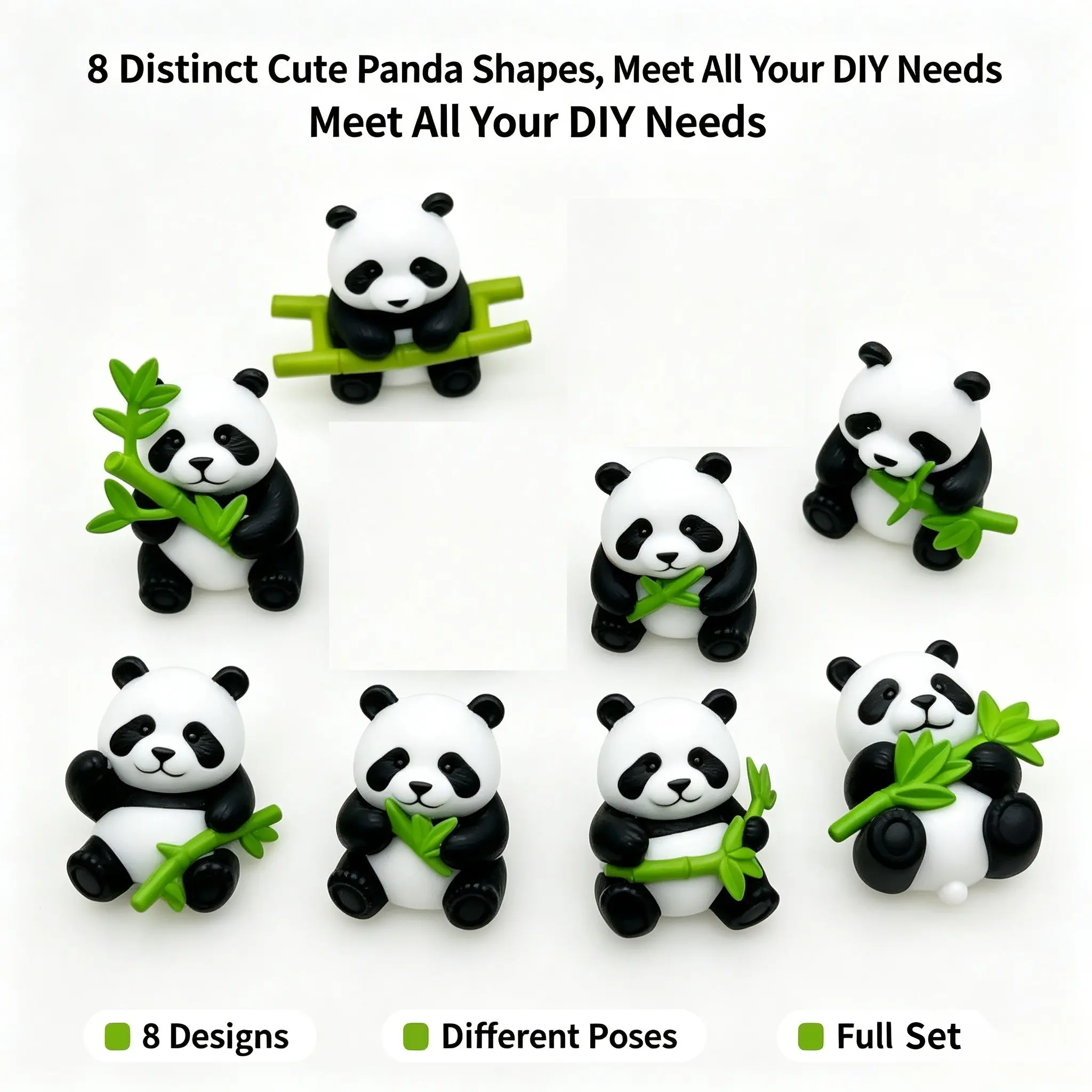 Bamboo Panda Resin Mini Statue Set (8pcs), Oriental-Style Gift Set, Miniature Decorations, Desk Display, Car Dashboard, Home Decor