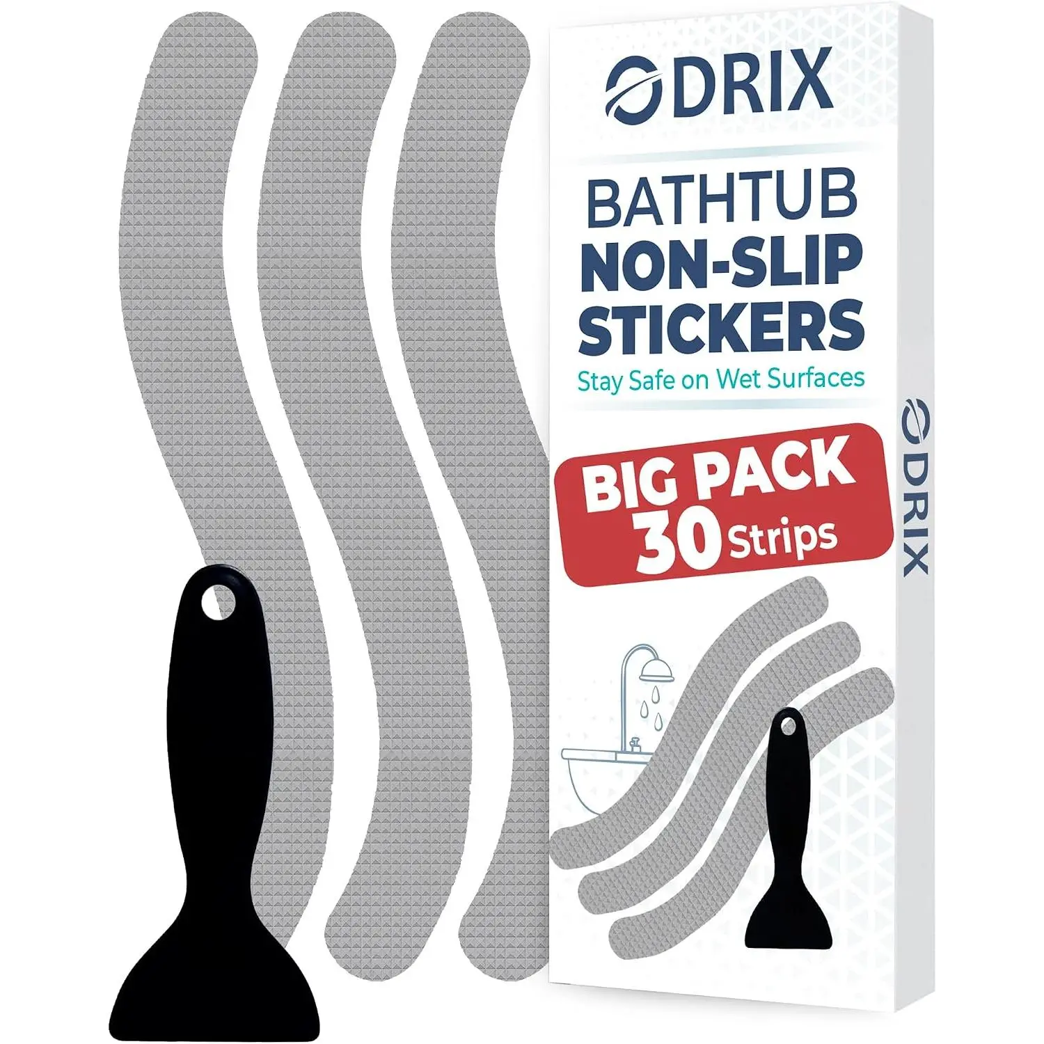 Anti-Slip Shower Stickers, Non-Slip Bathtub Appliques, Tub & Bath Strips | 30-Pack for Fuller Coverage | Gray, Low-Profile Design | Includes Scraper for Easy Application