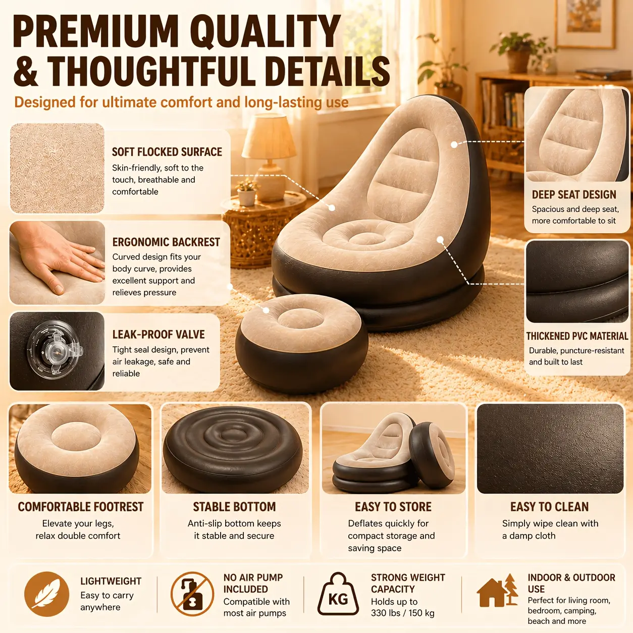 Inflatable Lounge Chair with Footrest Ottoman, OVERSIZED XL for All Body Weights; Heavy-Duty PVC with Flocked Seat; High Back, Deep Seat, Stable Base; Portable for Home And Outdoors: Living Room, Bedroom, Patio, Backyard, Camping, Dorm, Balcony