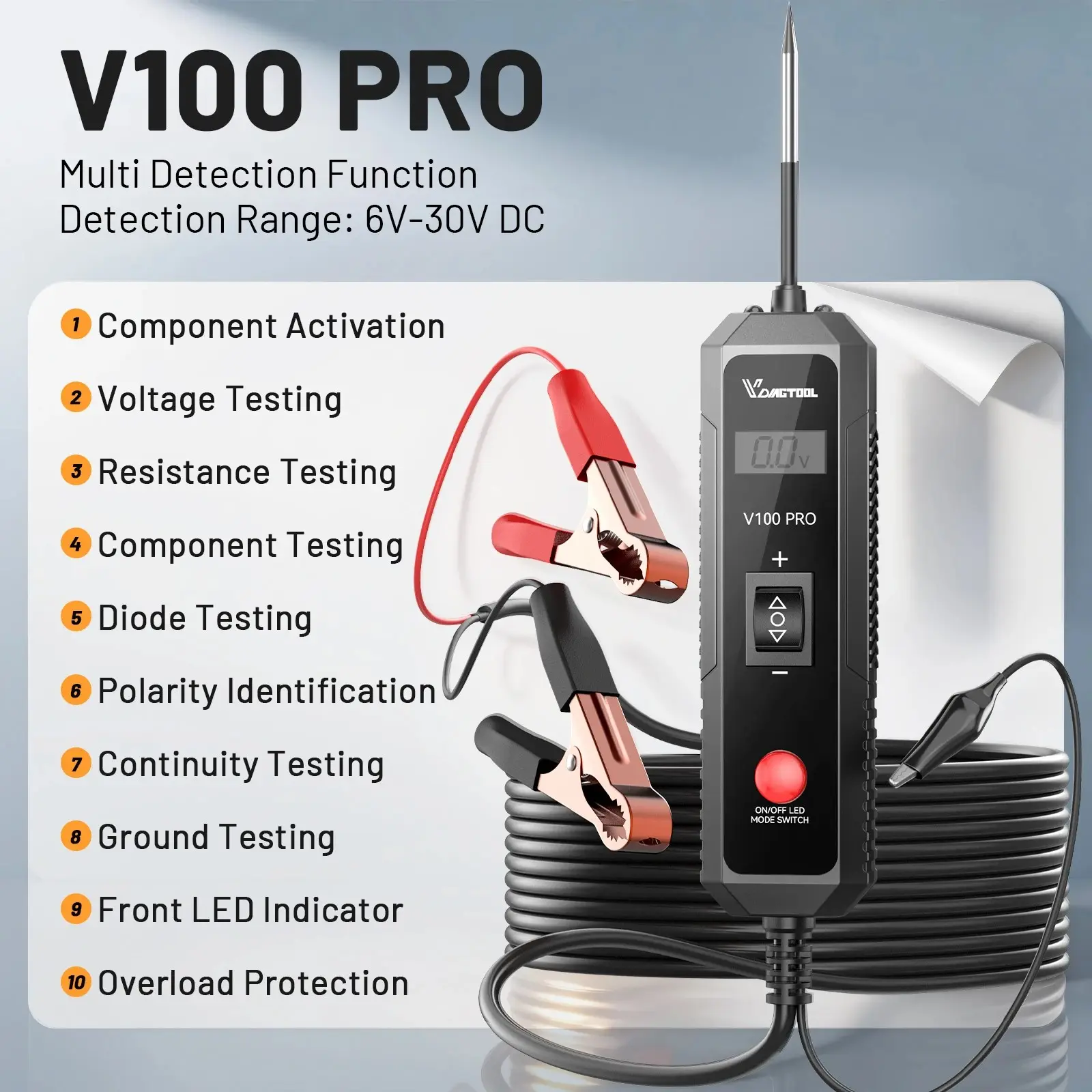 VDIAGTOOL V100PRO 6-30V Automotive Circuit Tester Circuit Fault Finder Short Circuit Tester, Component, Resistance & Diode Testing DC Voltage Tester with LED Flashlight, 14.7FT Cable & Clip for Car Circuit Diagnosis, Power Detection & Fault Checking