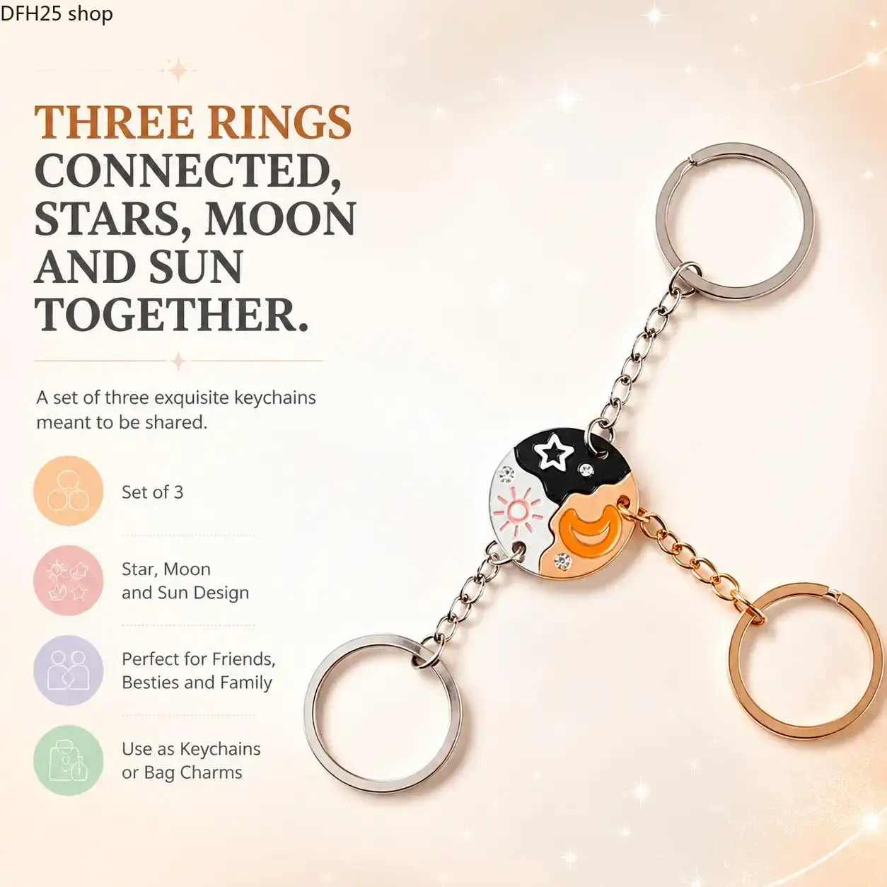 Sun Moon Star Friendship Keychain Set Matching Split Puzzle Keyrings With Durable Alloy Charm for Best Friends Sisters Couples Daily Carry And Meaningful Gift Giving