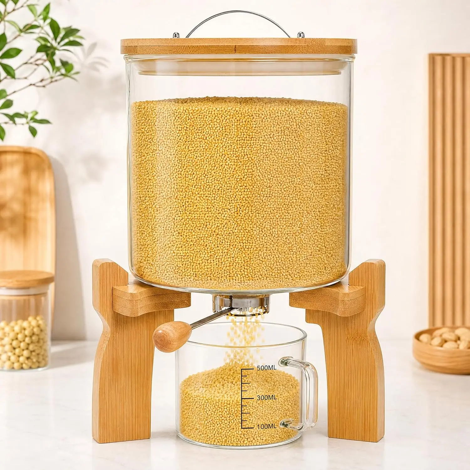 Glass Rice Dispenser with Bamboo Stand, 5L Flour Cereal Container with Airtight Lid, 8 Lbs Large Grain Food Storage Bucket, Countertop Beans Storage Tank with Measuring Cup & Valve for Dry Food