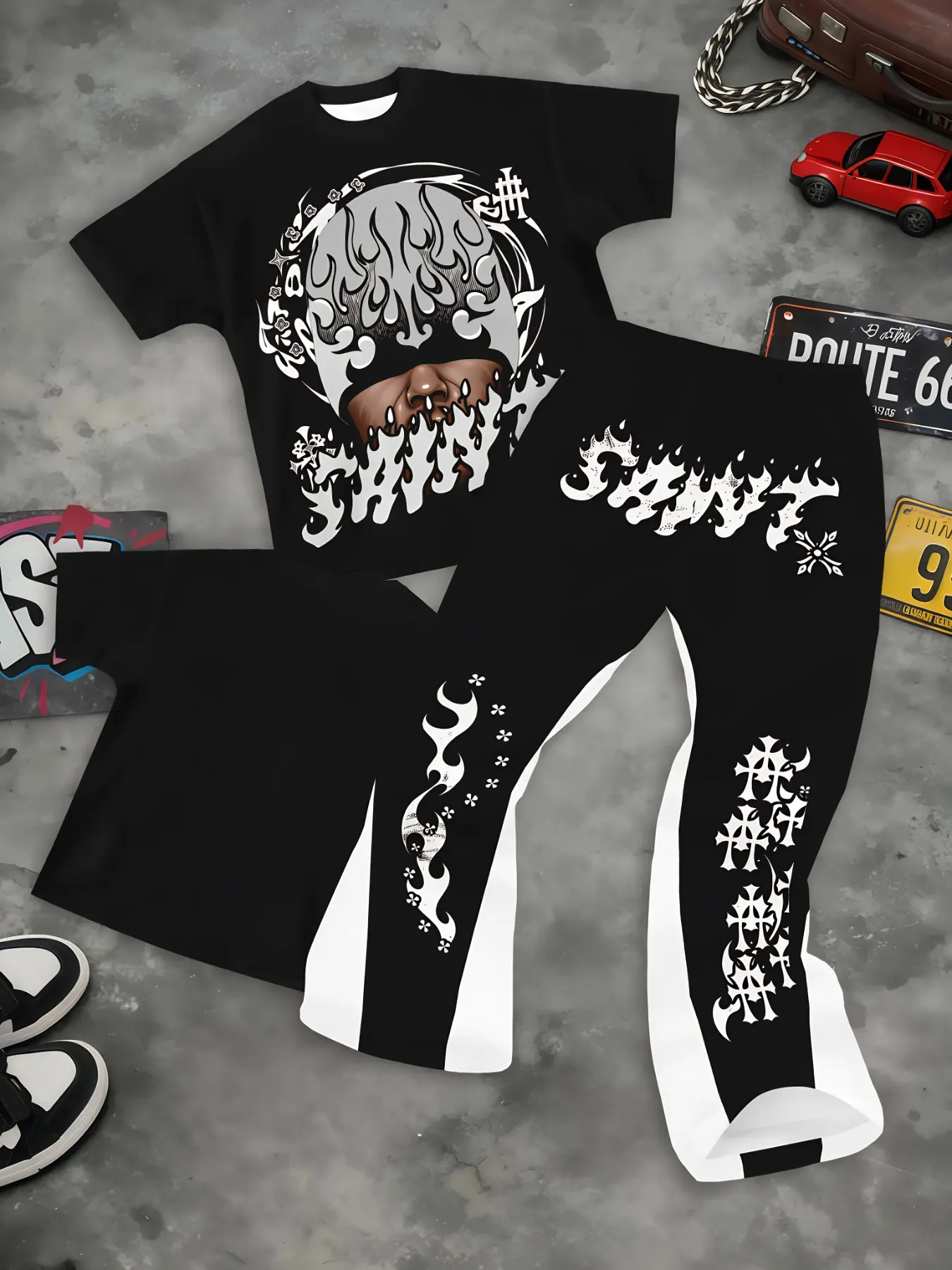 Dark Gothic Flame Cross Portrait Print Men Short Sleeve Tee Curved Pants Set Soft Stretchy Oversized Loose 2 Piece Streetwear Outfit For Daily Skate Going Out Viral Y2K Hip Hop Men Fashion