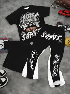 Dark Gothic Flame Cross Portrait Print Men Short Sleeve Curved Pants Set Soft Stretchy Oversized Loose 2 Piece Streetwear Outfit For Daily Skate Going Out Viral Y2K Hip Hop Men Fashion