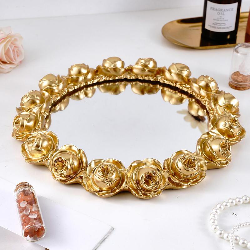 Rose Design Mirror Tray, 1 Count Exquisite Modern Style Desktop Makeup Storage Organizer, Desktop Makeup Organizer for Home Office Dormitory Bathroom, Bathroom Counter Organizer