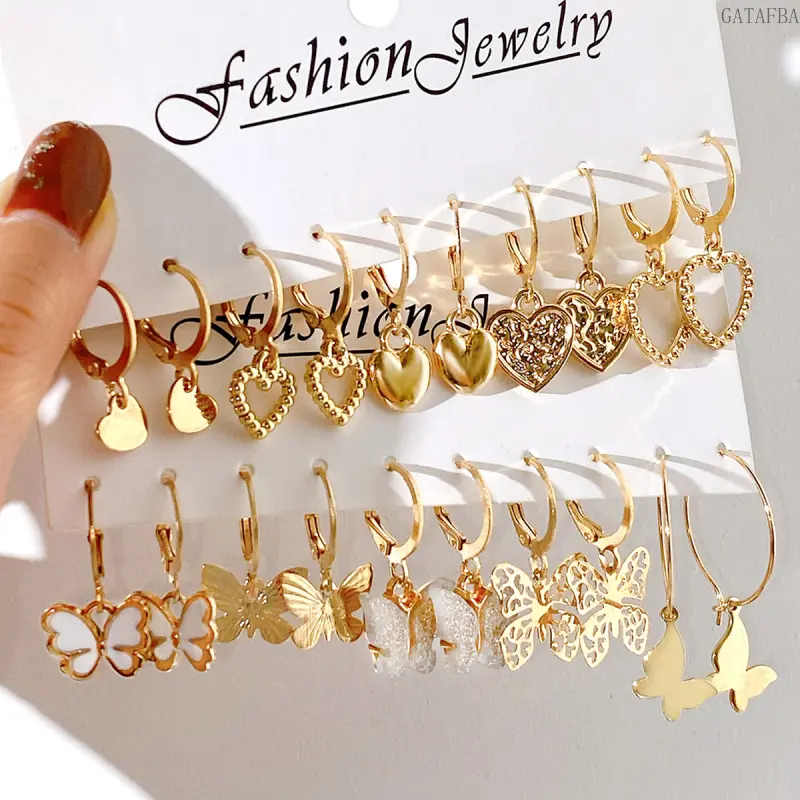 Vintage Earring Set for Women, 10 Pairs Minimalist Alloy Hoop & Stud Earrings with Heart & Butterfly Designs, Hoop Earrings,back to school,back to school haul