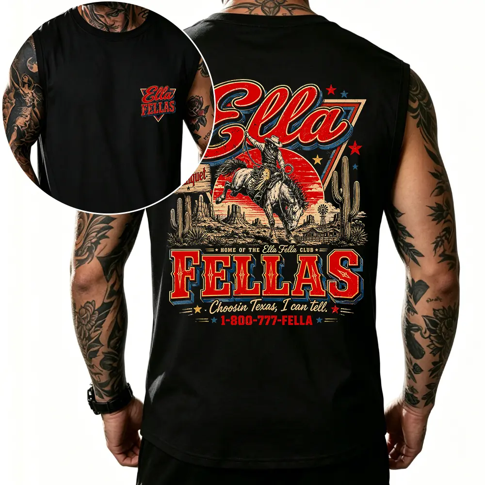 Western Cowboy Ella Fellas Double-Sided Print Tank Top | Unisex Oversized Texas Desert Retro Vest | Country Music Inspired Casual Streetwear Sleeveless Top for Men Women Vintage Breathable Loose Distressed Cotton