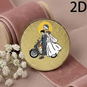 Motorcycle Wedding Memorial Coin, Base, 2D Simple Lines, Couple Bride Groom with Dog, Unique Engagement Anniversary Gift