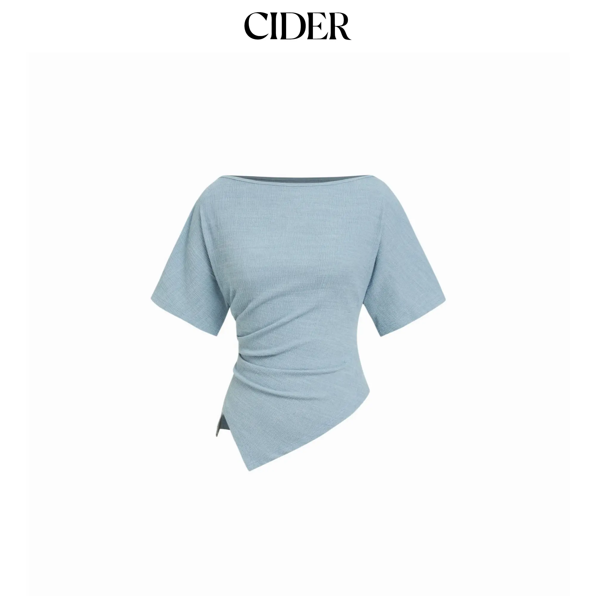 Cider Textured Boat Neck Ruched Asymmetrical Hem Short Sleeve Tee