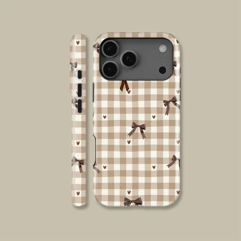 Brown Plaid Bow Heart Pattern phone cases, stylish, shockproof, and sturdy 2-in-1 protective case, compatible with iPhone 17/16/15/14/13/12/11 Pro Max Pro Plus and Samsung Galaxy S23/S24/S25/S26 Ultra, making it a great gift.