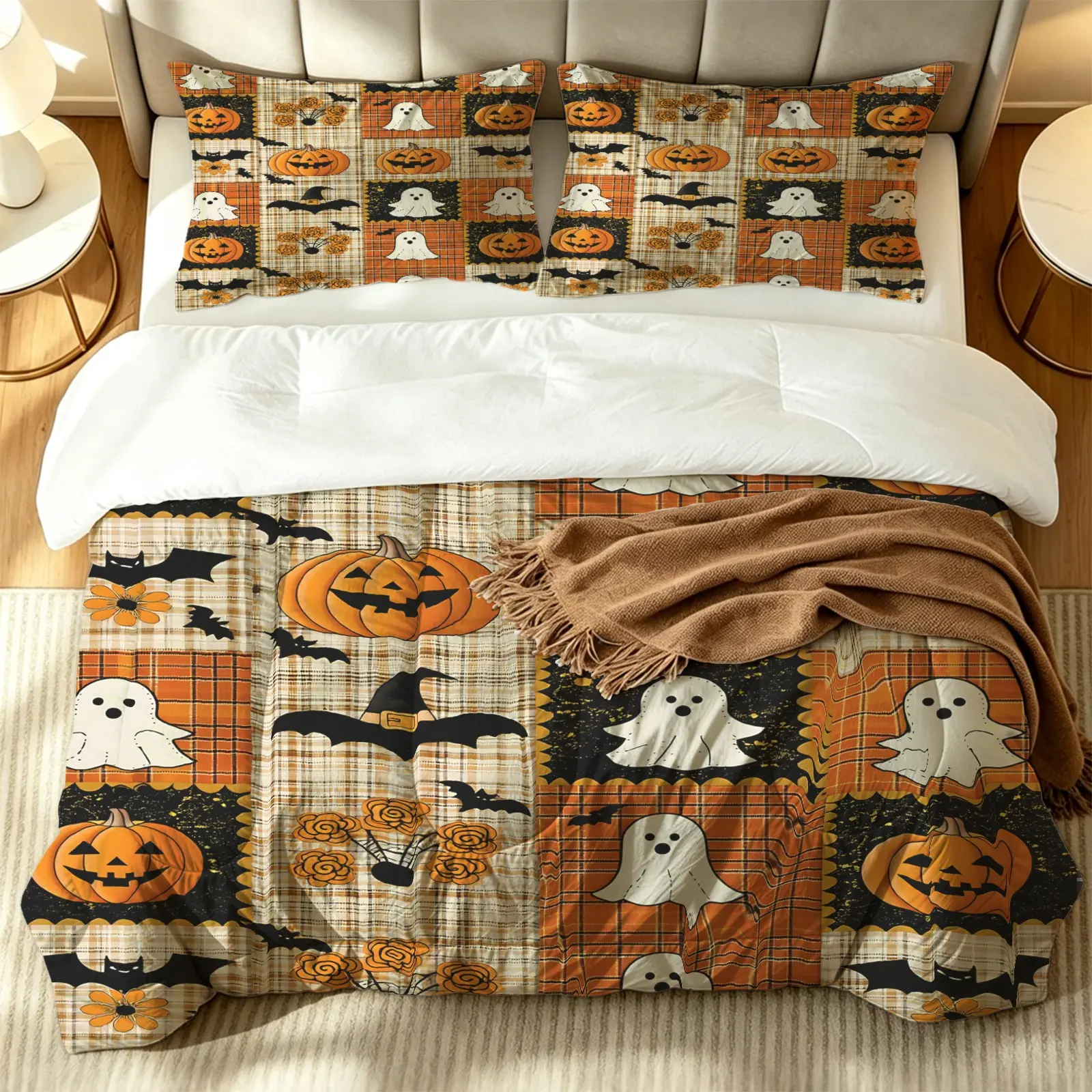Vintage Halloween Patchwork Comforter Set, Cute Pumpkin Ghost Bat Print, Soft Quilt with Pillowcase, All Season Bedroom Decor, Halloween Gift