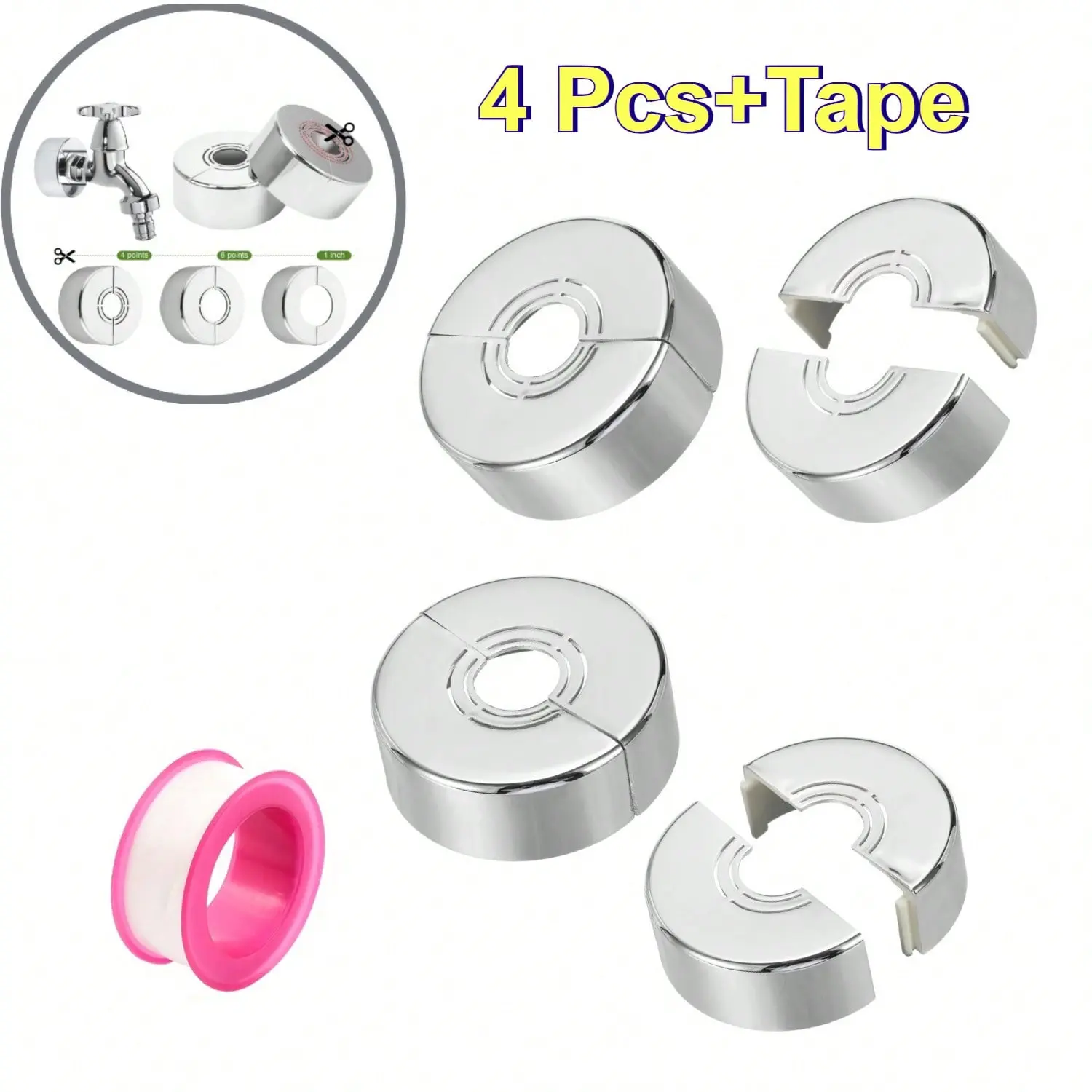 4pcs Wall Pipe Covers, ABS Chrome Adjustable Split Flange Design, With Sealing Tape, Easy Installation Escutcheon Plate, For Radiator and Sink Pipes, Home Bathroom Kitchen, Decorative Plumbing Collars