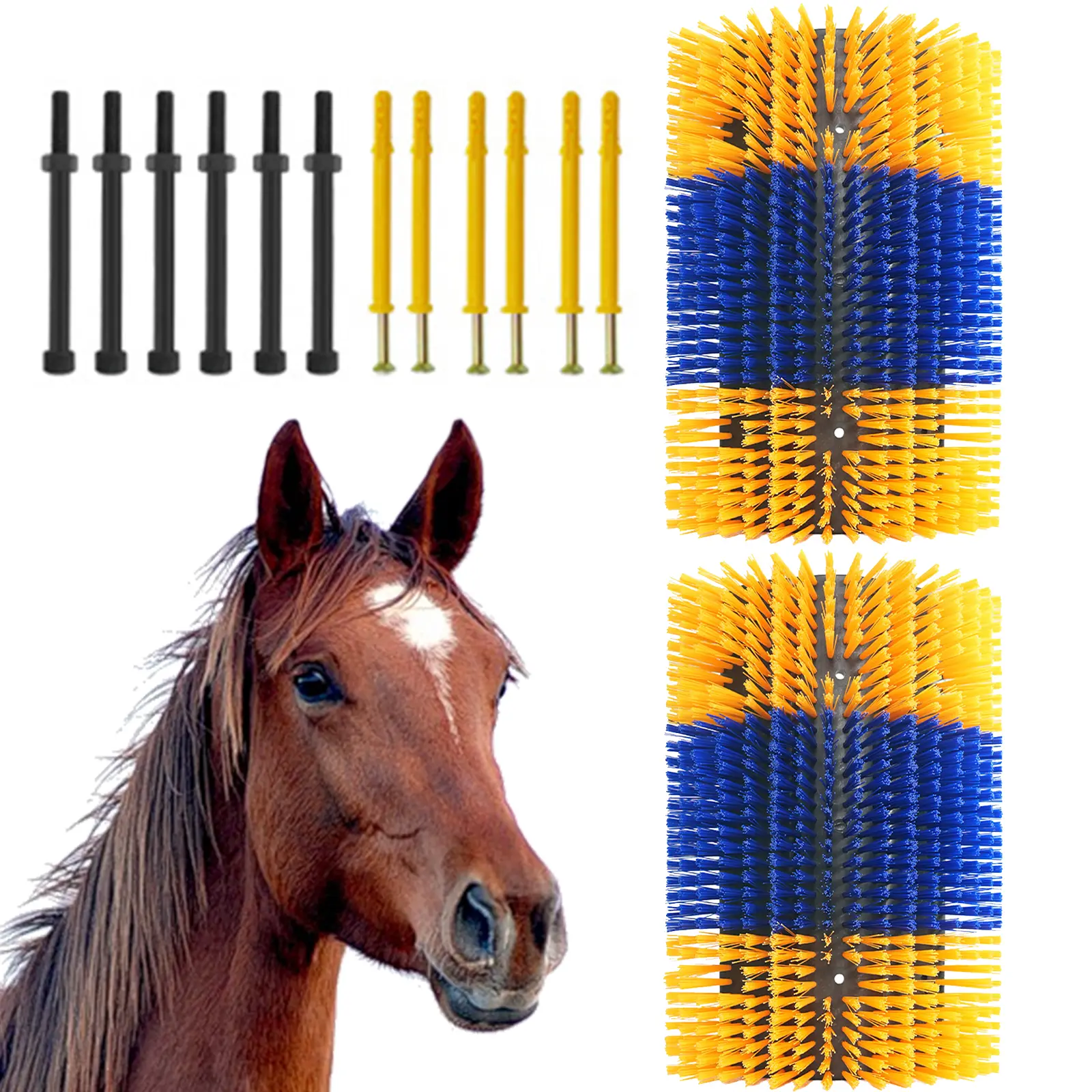 Livestock Scratching Brush – 9"×17", Heavy-Duty Nylon, Wall Mount – for Horses/Cows/Goats – Blue-Green/Yellow – Farm & Stable Grooming