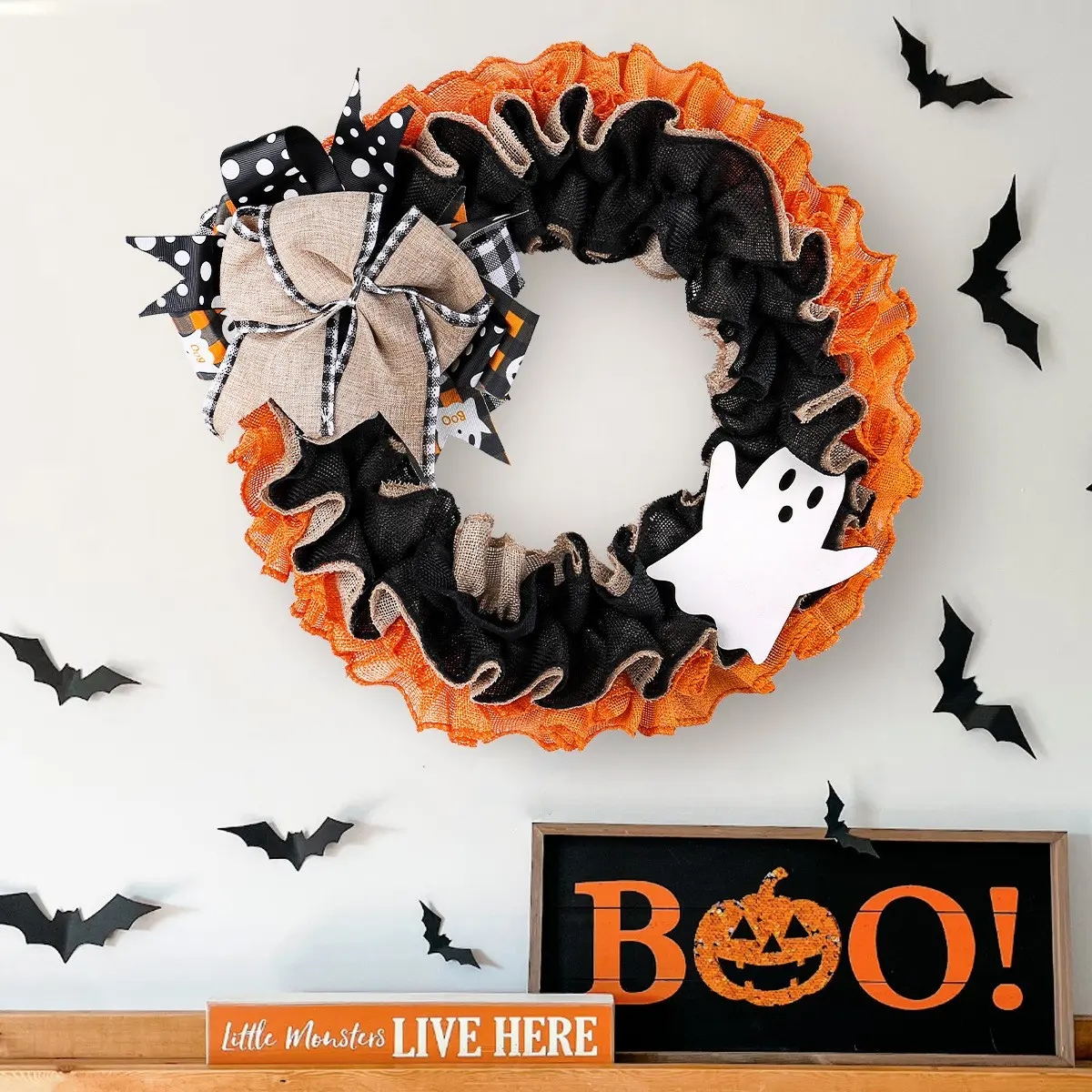 Halloween Ghost Wreath Window Decor, Burlap Bow Flower Circle Door Hanging, Horror Atmosphere Props, Halloween Decoration