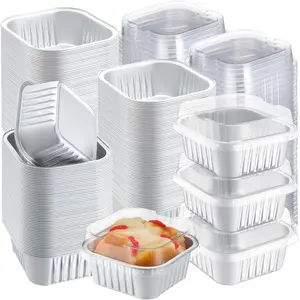 200 Pack 5 oz Mini Cake Pans with Lid,  Foil Mini Baking Tins, Square Disposable Cupcake Baking Cup Dessert Container for Wedding Birthday Party Picnic(,Classic)