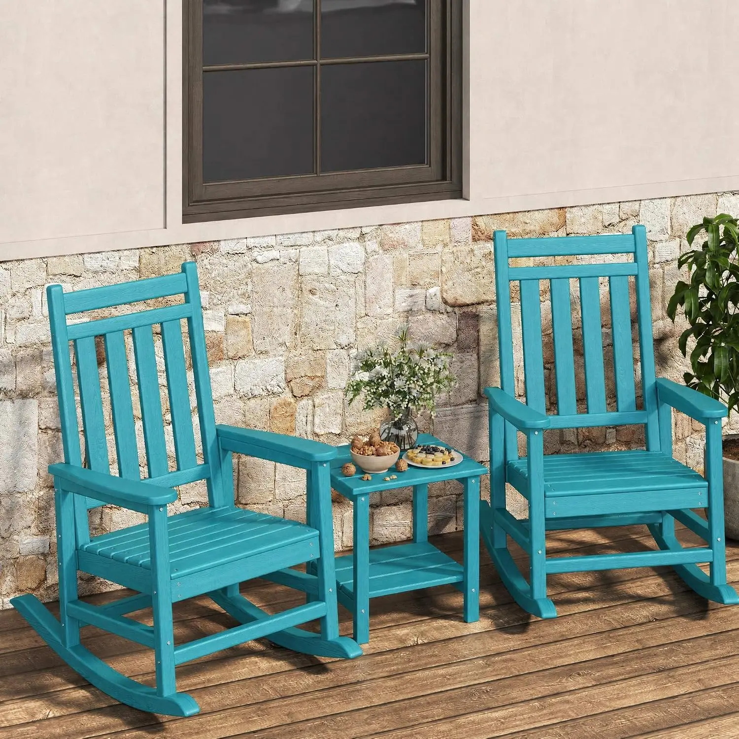 HDPE Poly Lumber Adirondack Rocking Chair Set with Slatted Side Table, Waterproof High-Back Outdoor Furniture for Porch, Garden, Relaxation