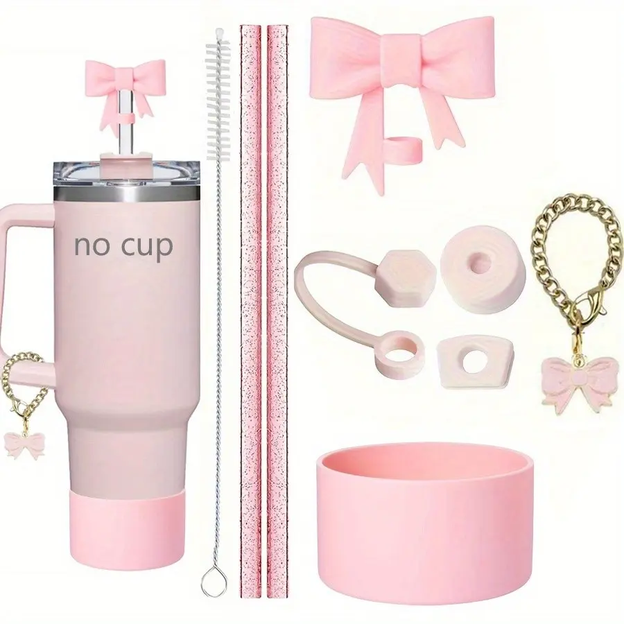 Cup Accessories Set for 40oz/30oz Tumbler, Includes Glitter Straw, Brush, Bow Straw Cover, Spill Proof Stopper, Silicone Boot, Bow Charm Chain