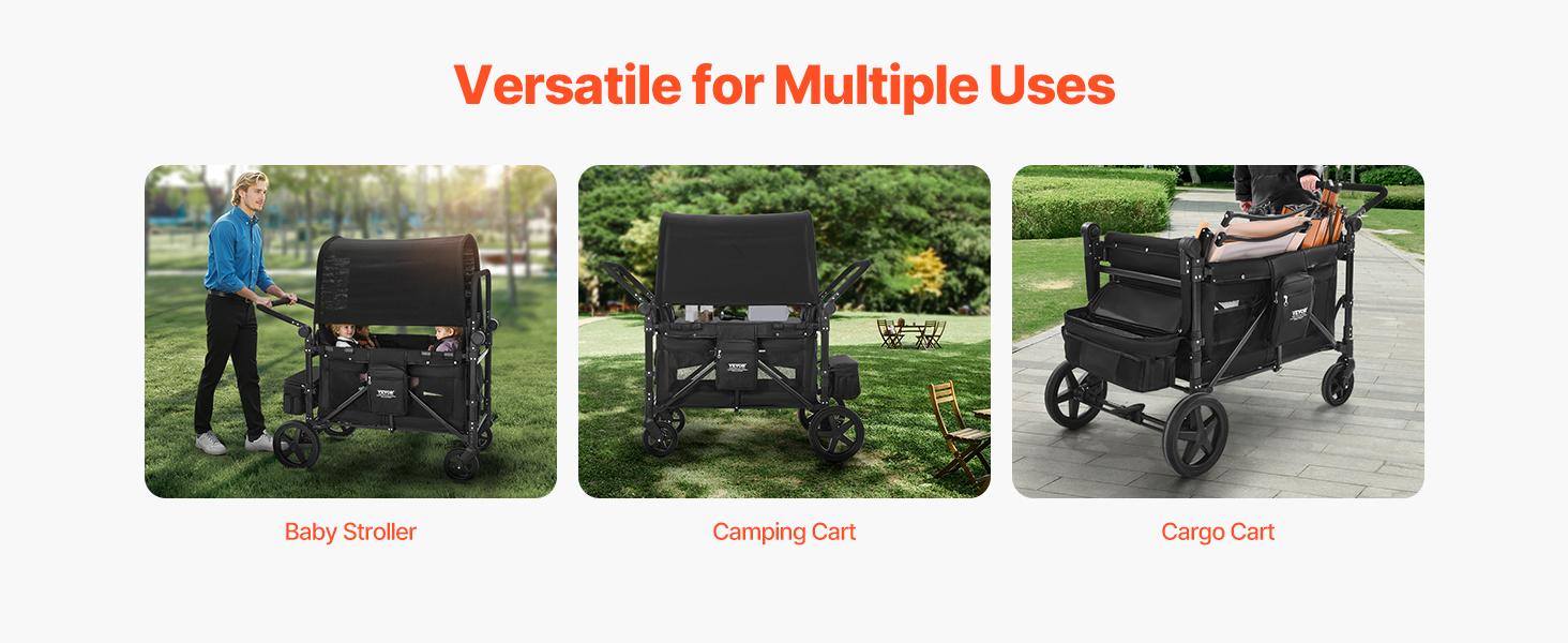 VEVOR  Wagon Stroller for 4 Kids, Push Pull Quad Collapsible Stroller with Adjustable Handle, 5-Point Safety Harness & Removable Canopy, 4-Seater Stroller Wagon for Camping, Black (330LBS Loading)