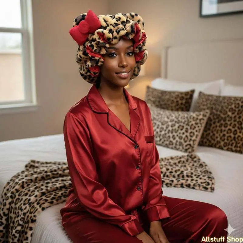 Luxury teddy bear material leopard print pink hair cap, soft sleep hair cover, women's hair care and styling gift. travelessentials