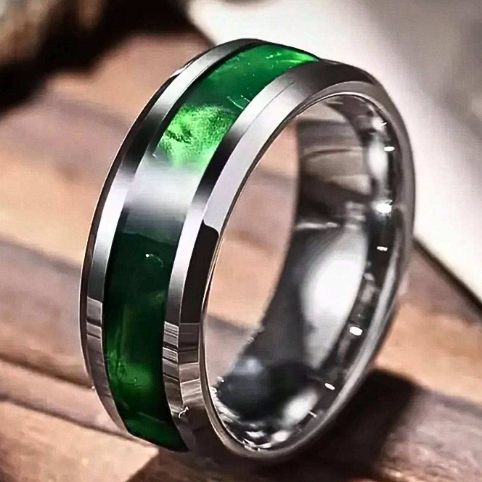 Elegant 8mm Stainless Steel Tungsten Ring with Green Inlay - Fashionable silver bezel design, perfect for weddings and everyday wear, ideal as a gift for Valentine's Day, Christmas, Father's Day, wedding ring