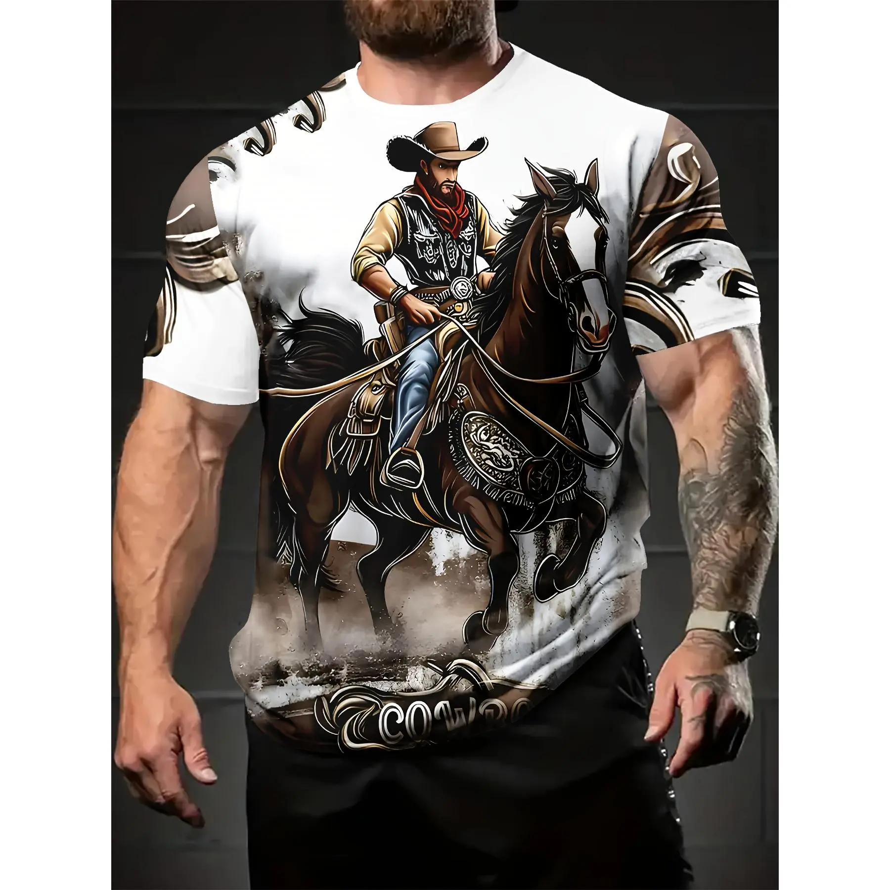 Men'S Summer Digital Print T-Shirt with Cowboy on Horse Design, Casual Comfortable Short Sleeve Crew Neck Tee