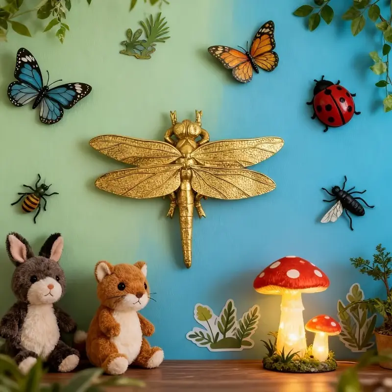 1pc Resin Wall Decor 3D Stereoscopic Golden Dragonfly Resin Home Wall Hanging Ornament, Light Luxury Retro Style Wall Decoration Pendant, European Pastoral Style Insect Sculpture, Indoor Entrance Bedroom Soft Decoration