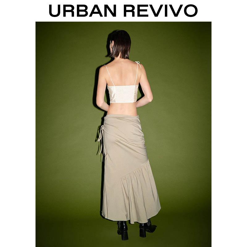 URBAN REVIVO High-Slit Beige Midi Skirt - Ruched Waist Flowy Silhouette for Effortlessly Chic Women Sense Deconstructed Pleated Fish Tail Half Skirt Elegance Bottom Spring